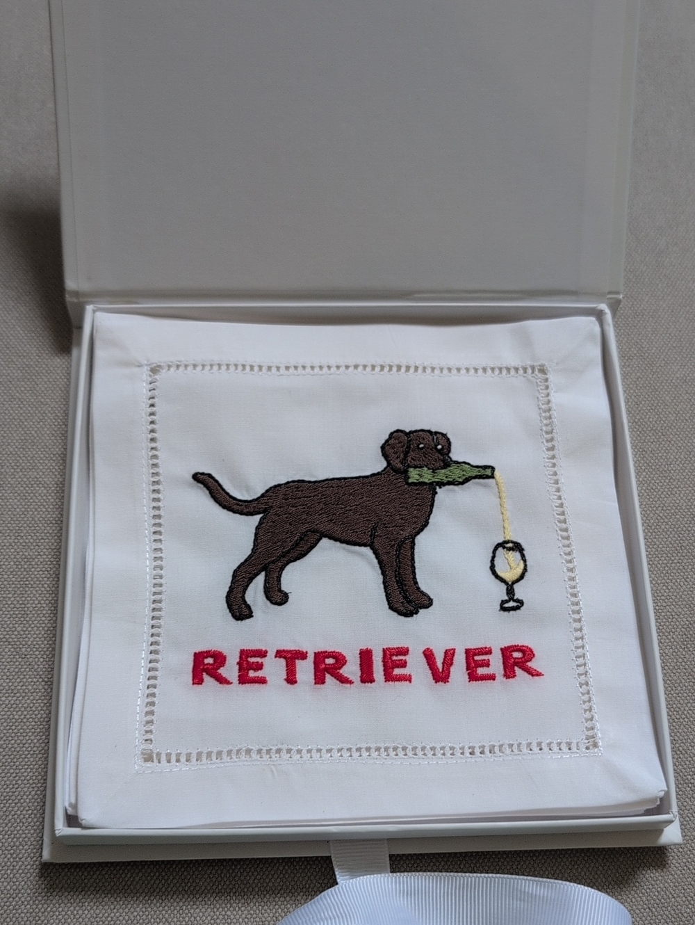 August Morgan Retriever Embroidered White Cotton Cocktail Napkin Boxed Set of 4